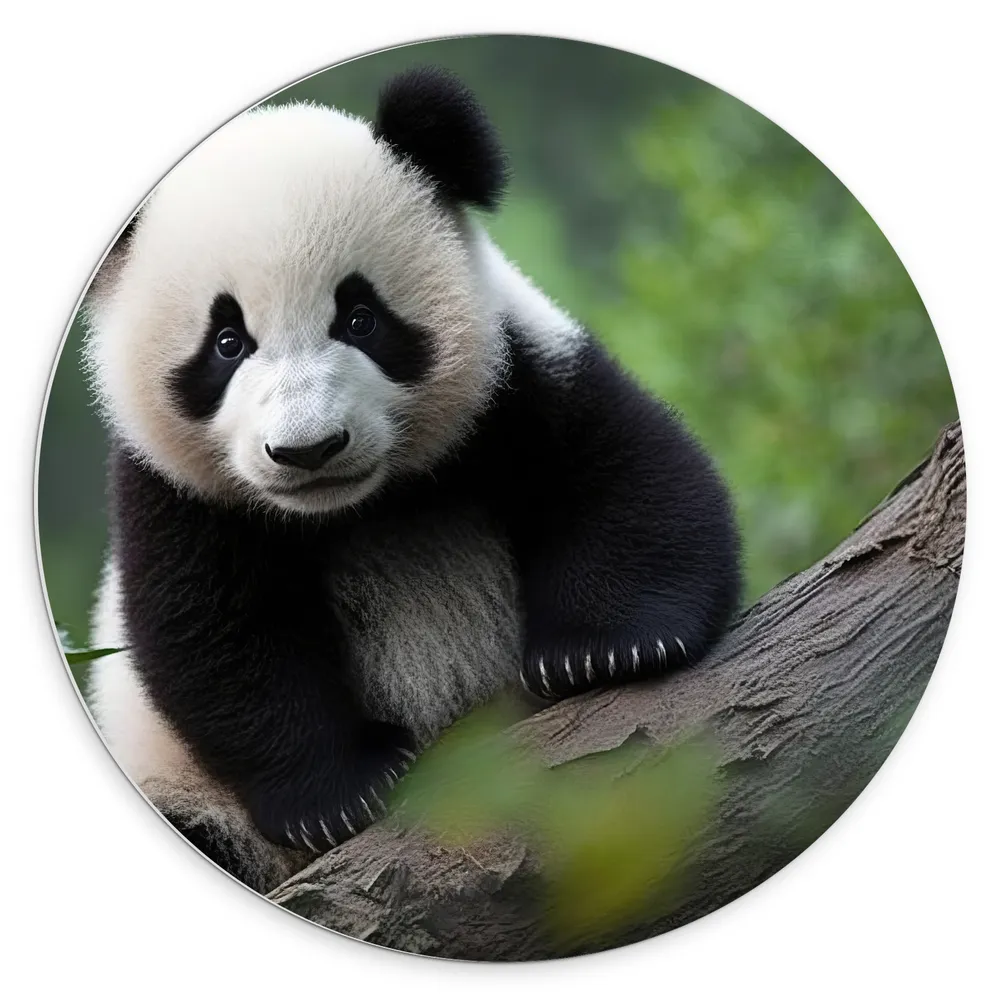 Dibond Muurcirkel - Aankijkende Panda op Boomstam in het Bos