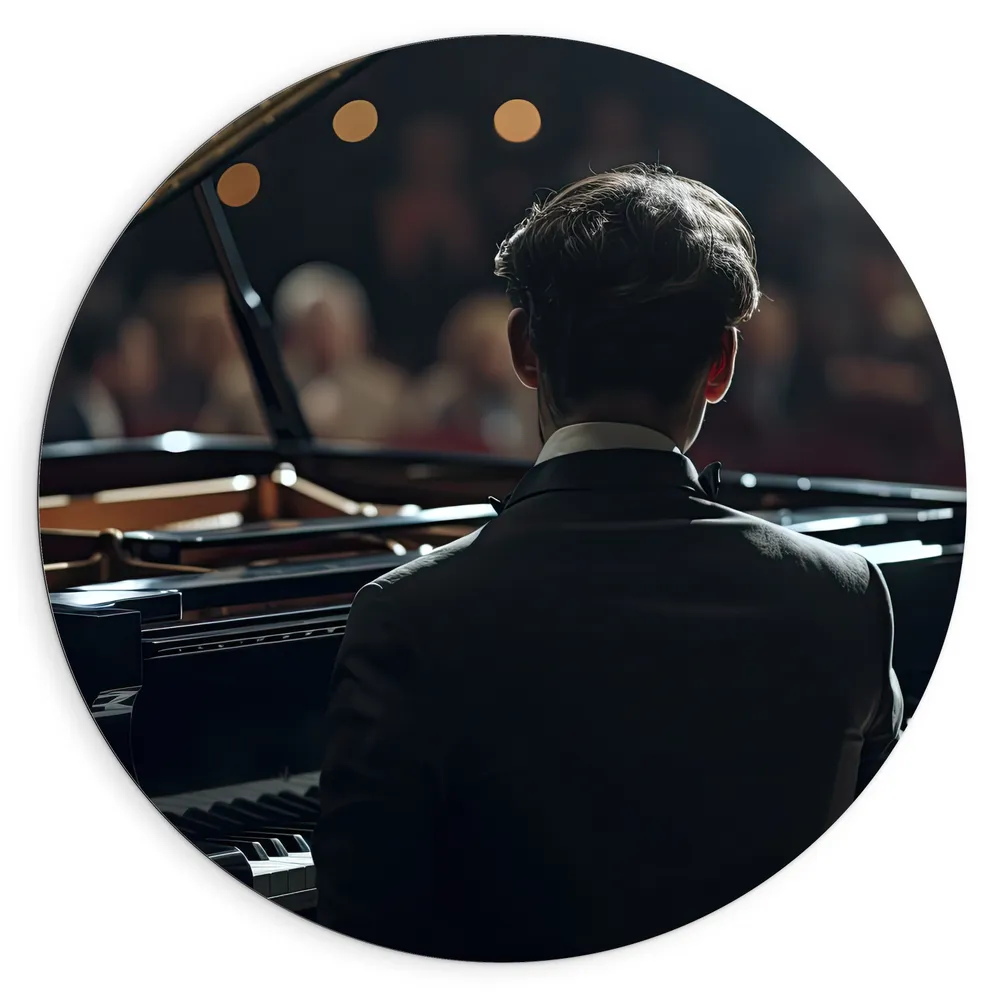 Dibond Muurcirkel - Man - Pak - Piano - Muziek - Concert - Publiek