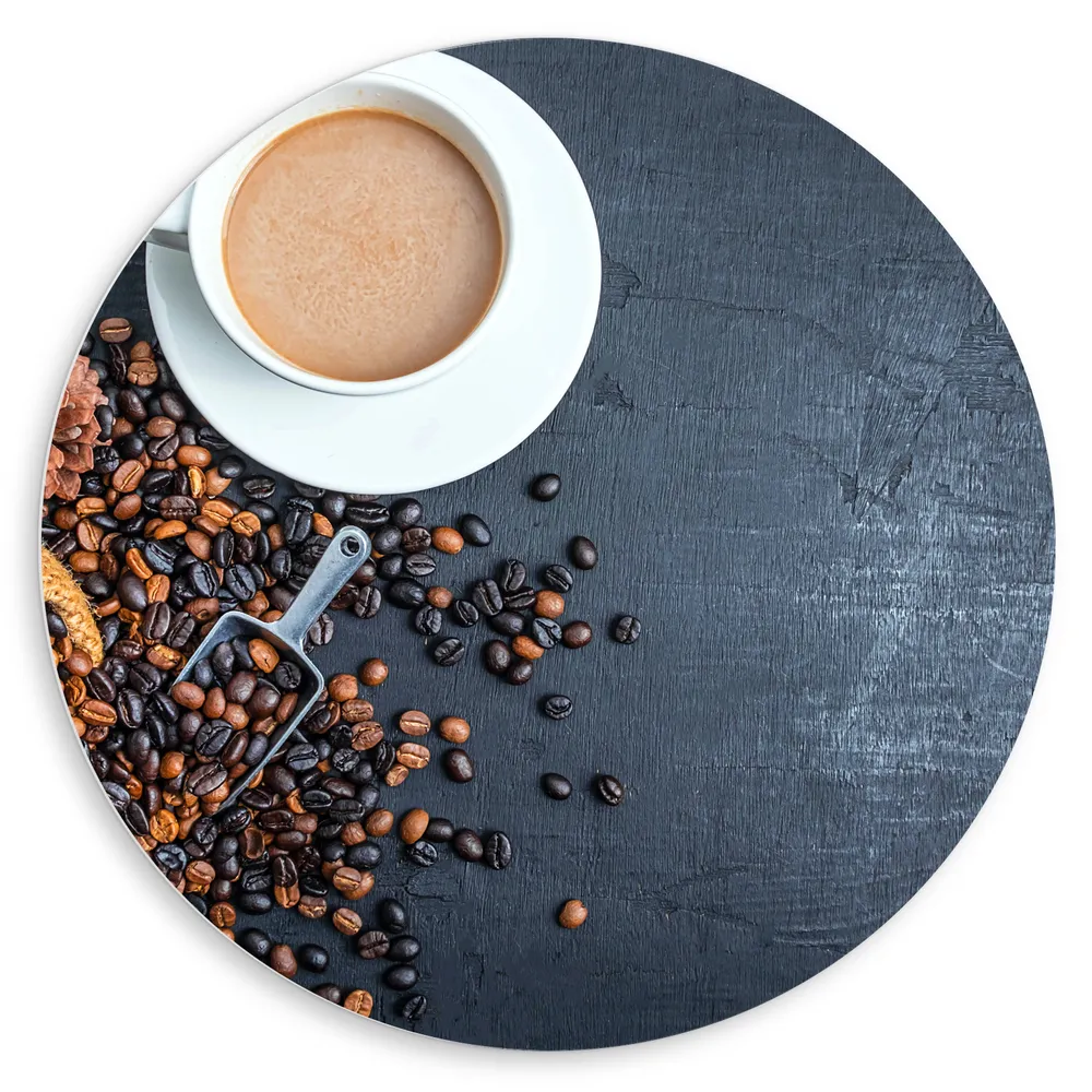 Dibond Muurcirkel - Bovenaanzicht van Kop Koffie met Jutten Zak met Koffieboontjes