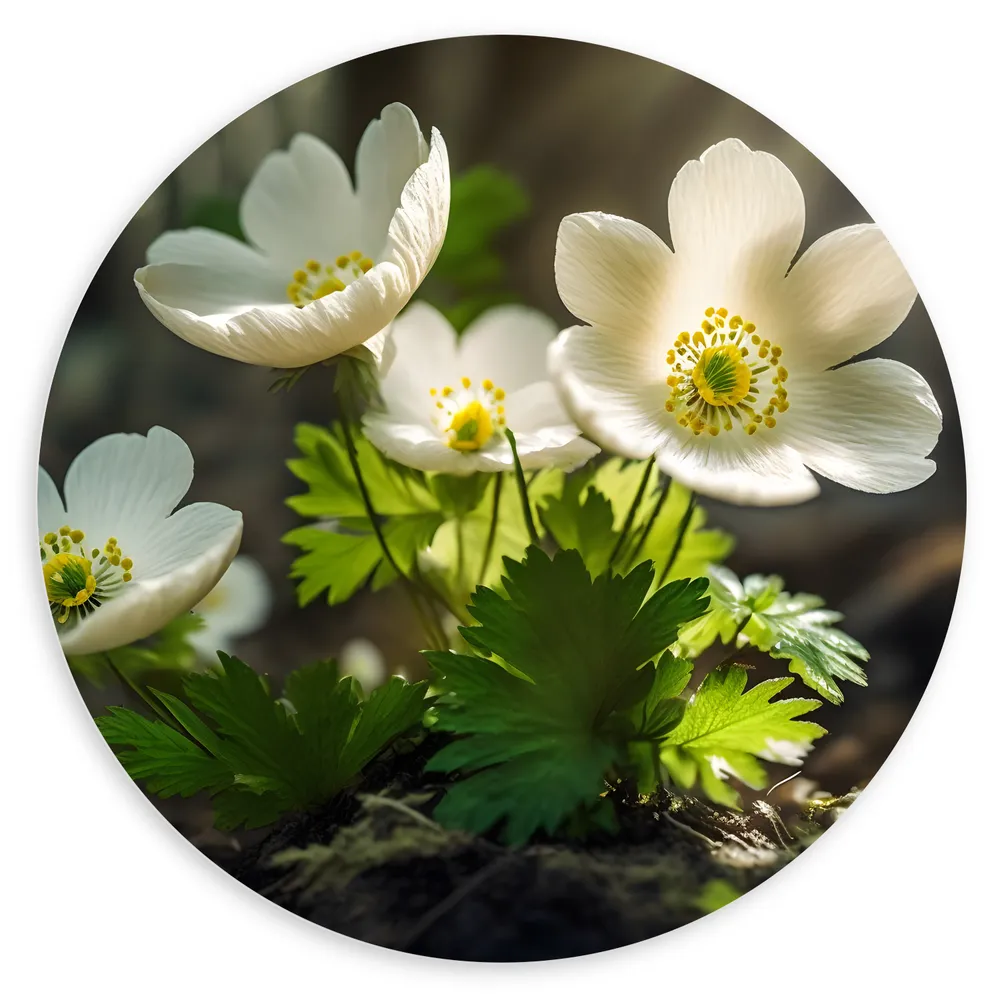 Dibond Muurcirkel - Anemoon Bloemen in Bos met Zonnestralen