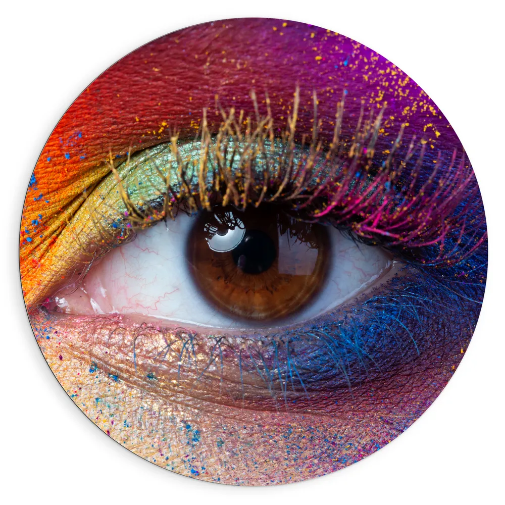 Dibond Muurcirkel - Vrouwelijke Oog met Meerkleurige Make-up