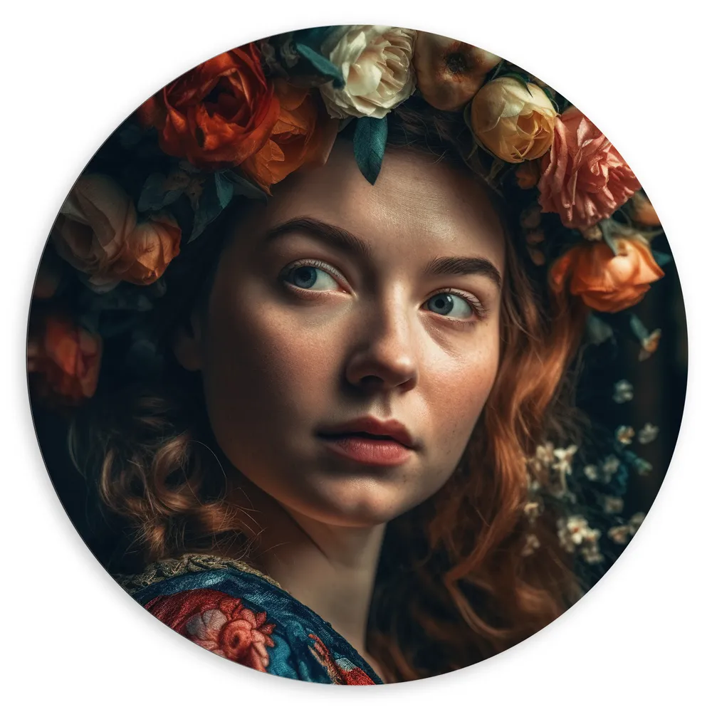 Dibond Muurcirkel - Vrouw - Gezicht - Haarband - Bloemen