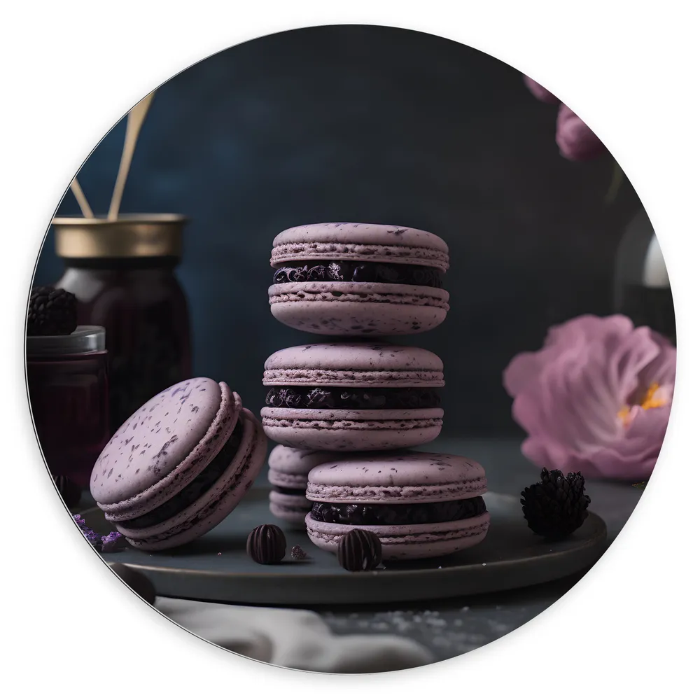 Dibond Muurcirkel - Opgestapelde Lila Macarons omringd door Paarse Bloemen en Vruchten