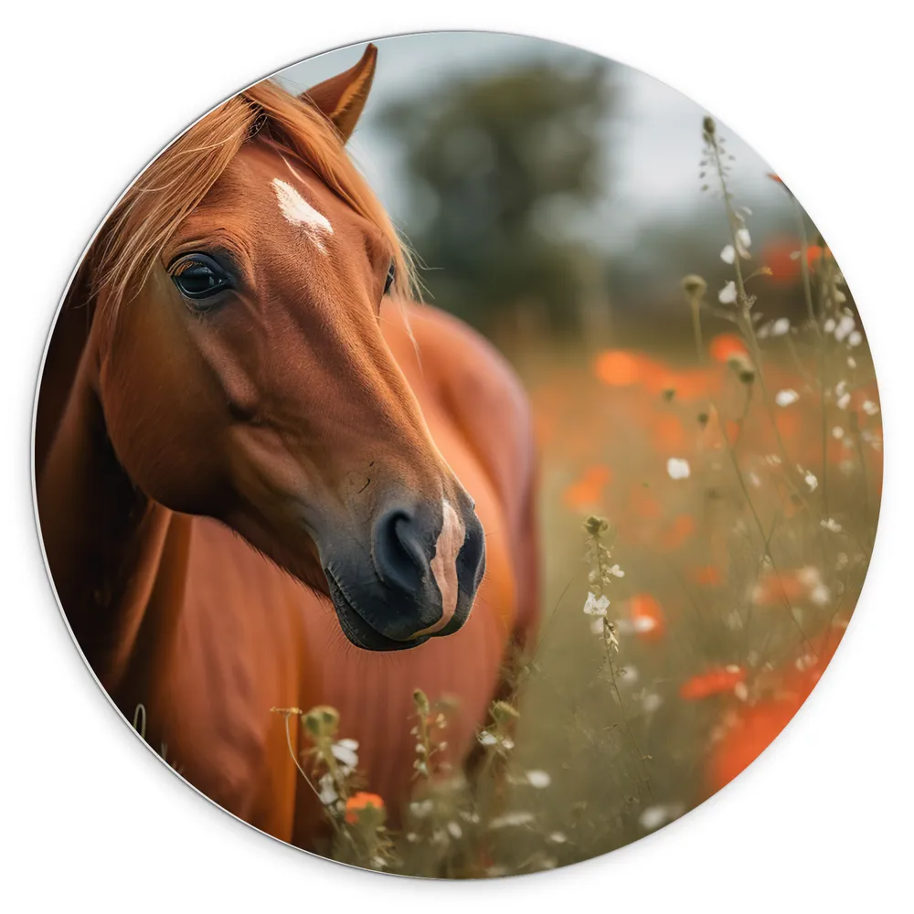 Dibond Muurcirkel - Bruin paard staat in weiland met rode klaprozen