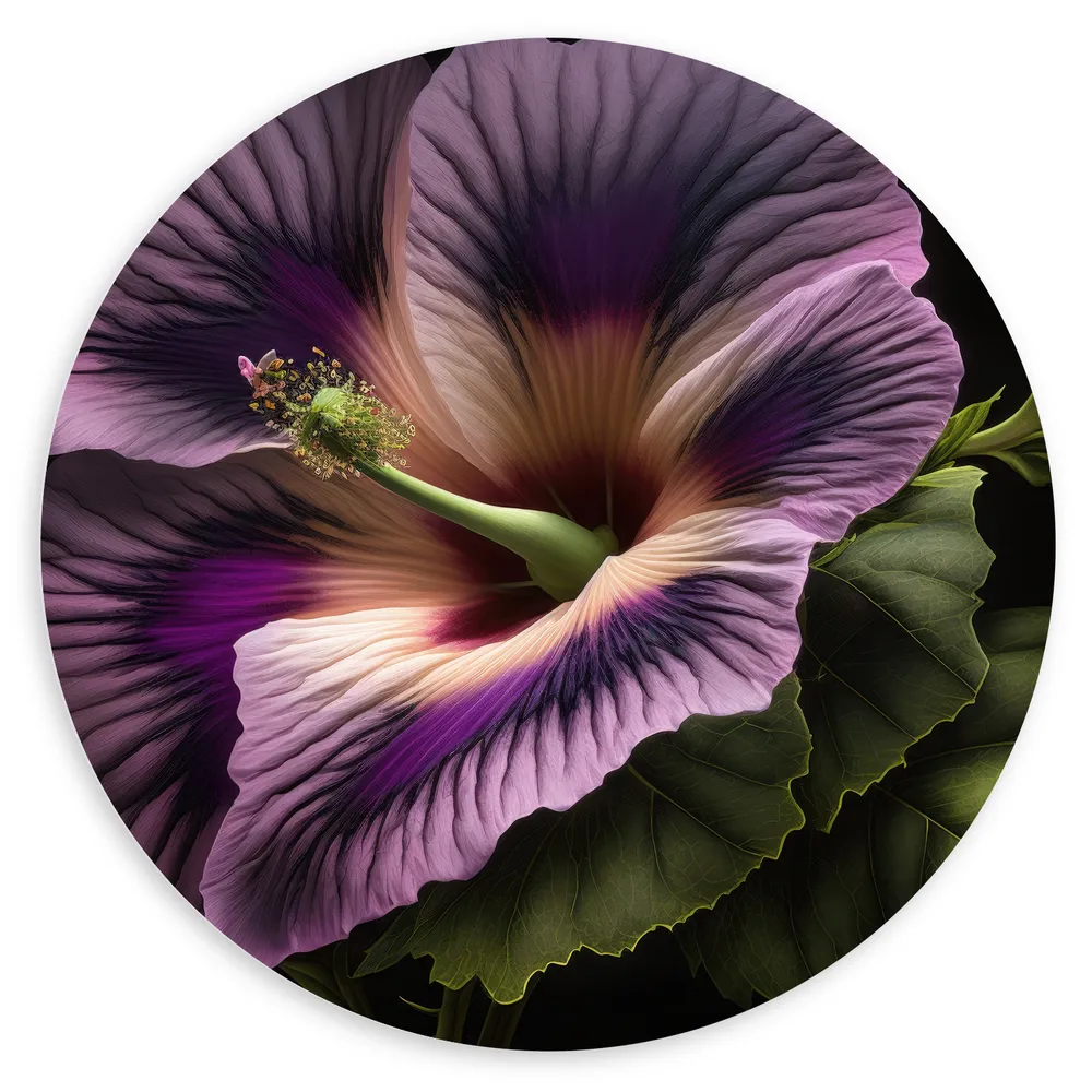 Dibond Muurcirkel - Mooie Paarse Hibiscus met Donkere Achtergrond - Bloemen