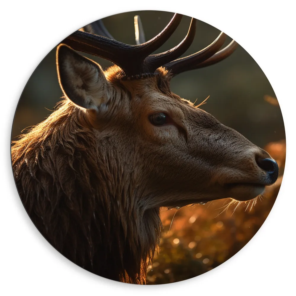 Dibond Muurcirkel - Zijaanzicht van Hert in Zonnestralen in het Bos