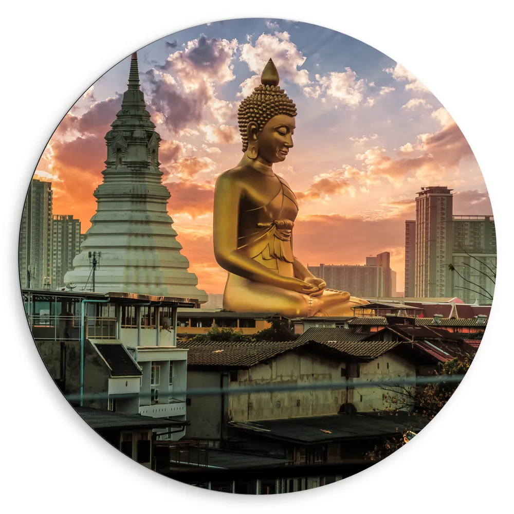 Dibond Muurcirkel - Gouden Boeddha voor Wat Paknam Phasi Charoen in Bangkok, Thailand