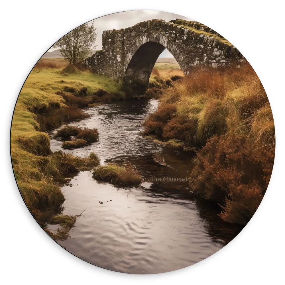 Dibond Muurcirkel - Water - Beekje - Gras - Landschap - Brug - Bomen