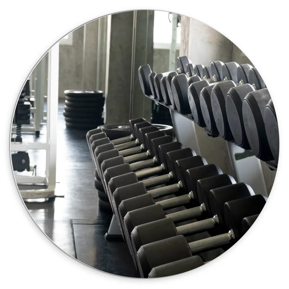 Dibond Muurcirkel - Rij Dumbells op Rek in Sportschool