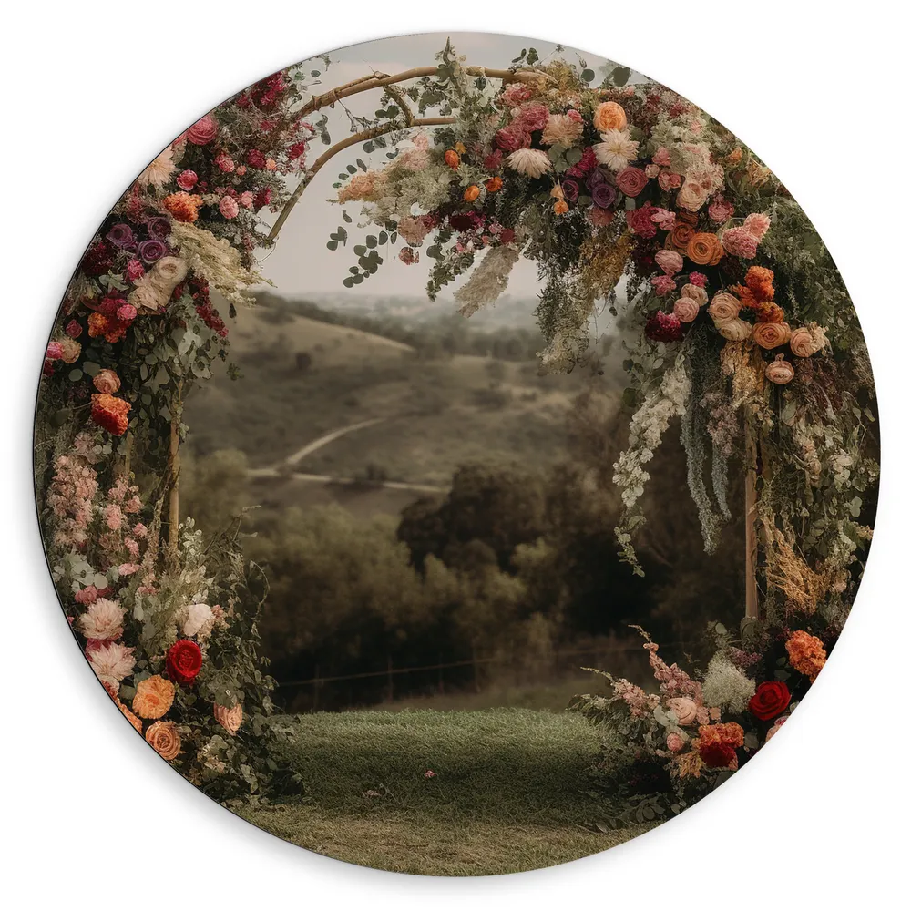 Dibond Muurcirkel - Romantische Bloemenboog Midden in het Landschap