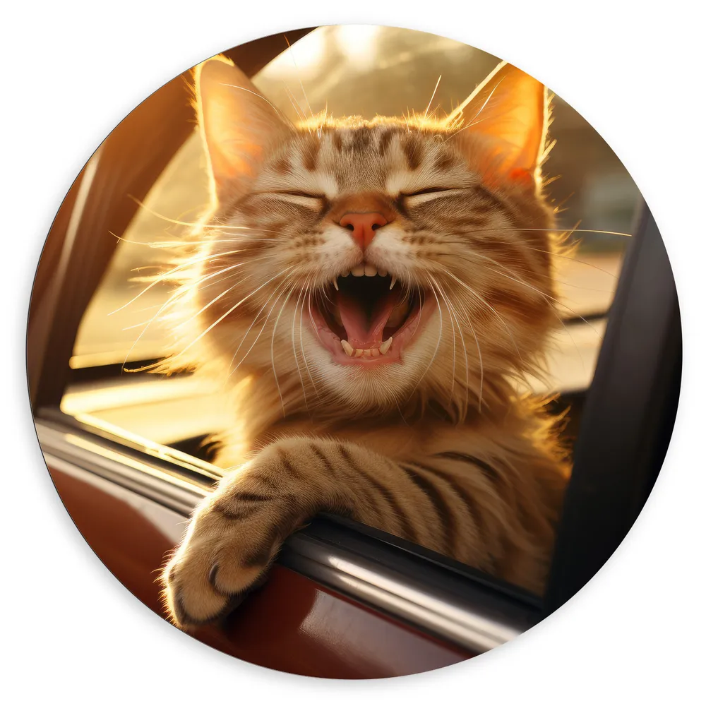 Dibond Muurcirkel - Dier - Kat - Auto - Lachen - Tanden
