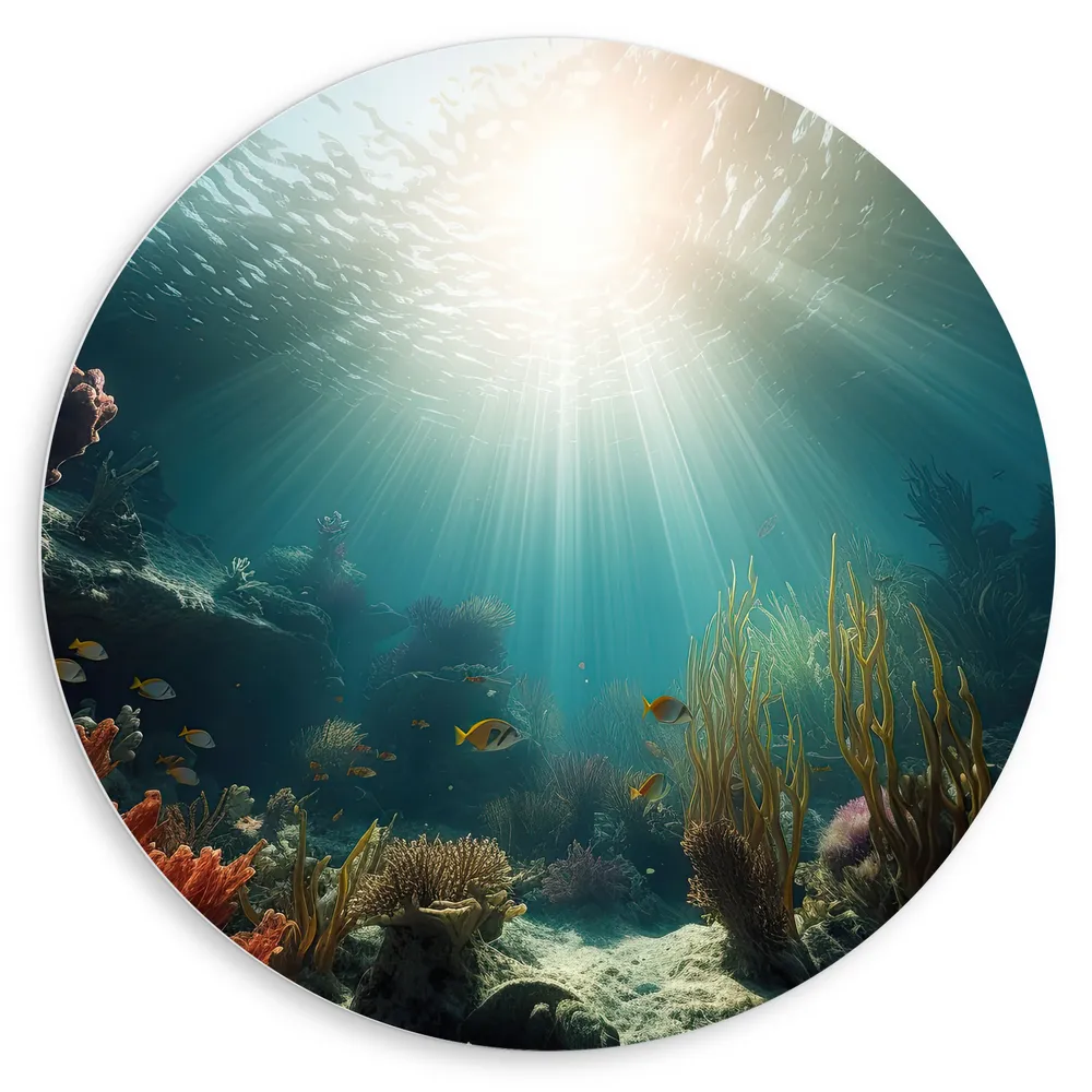 Dibond Muurcirkel - Zee - Onderwater - Zon - Vissen - Koraal