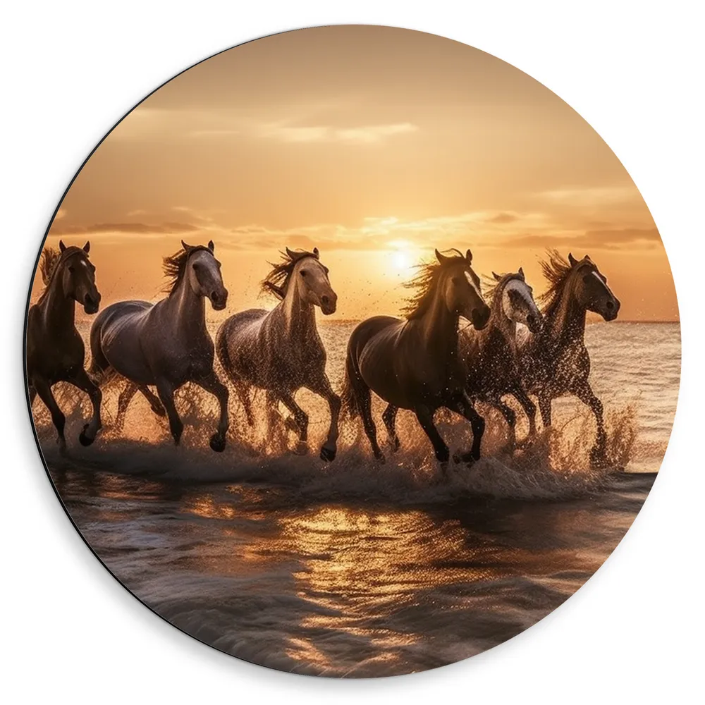 Dibond Muurcirkel - Kudde Galopperende Paarden in de Zee bij Zonsondergang