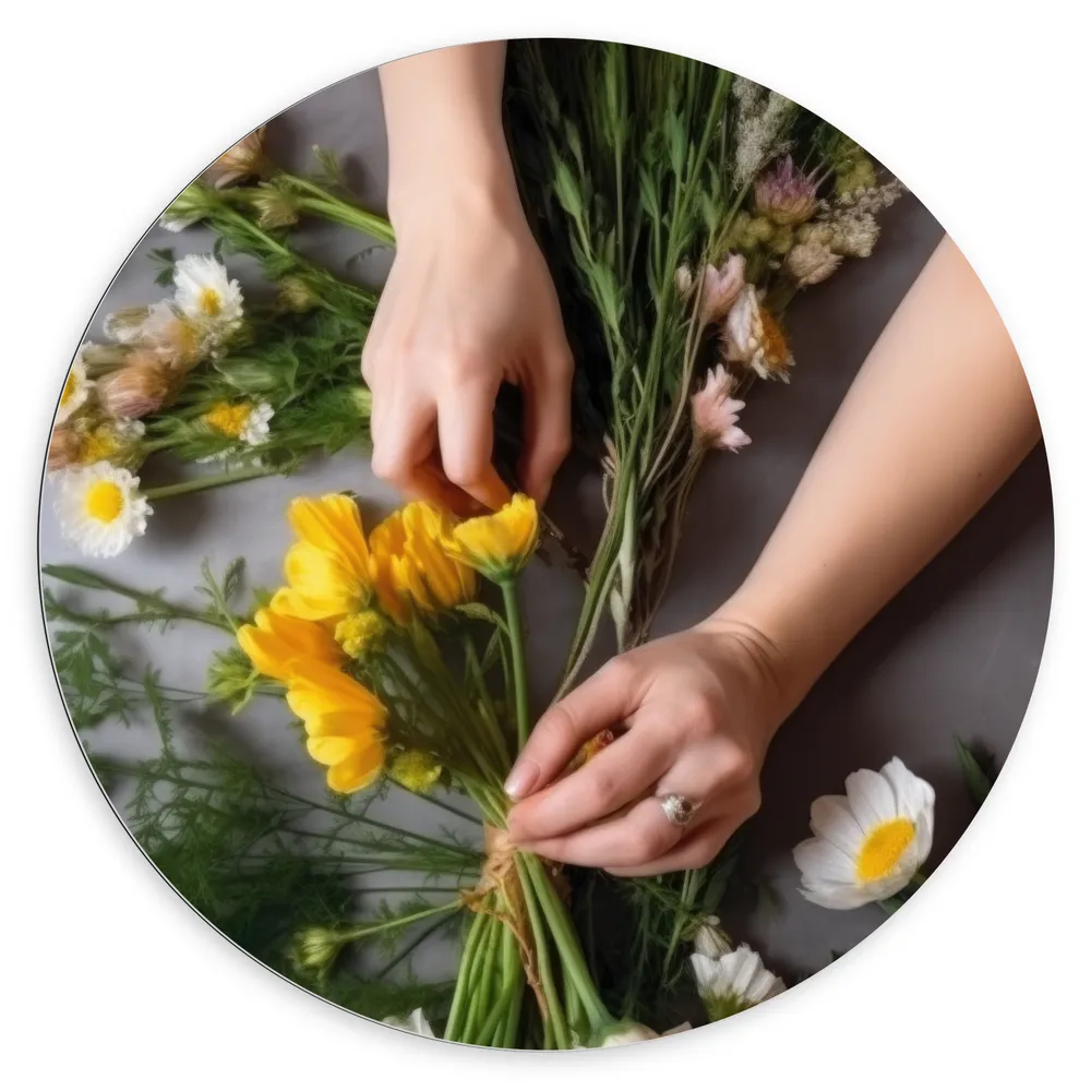 Dibond Muurcirkel - Bloemist in Actie met Witte en Gele Bloemen