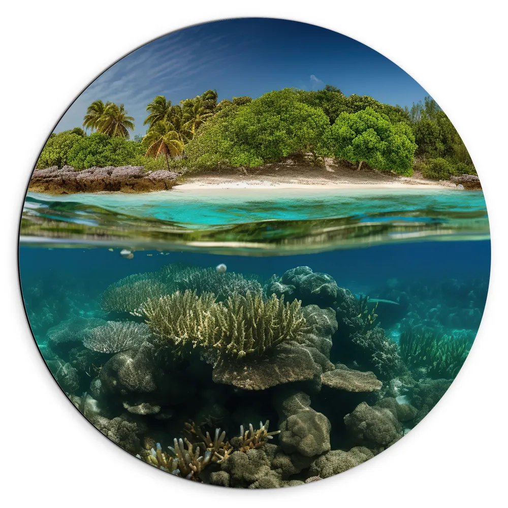 Dibond Muurcirkel - Eiland - Bomen - Zand - Koraal - Zee - Oceaan