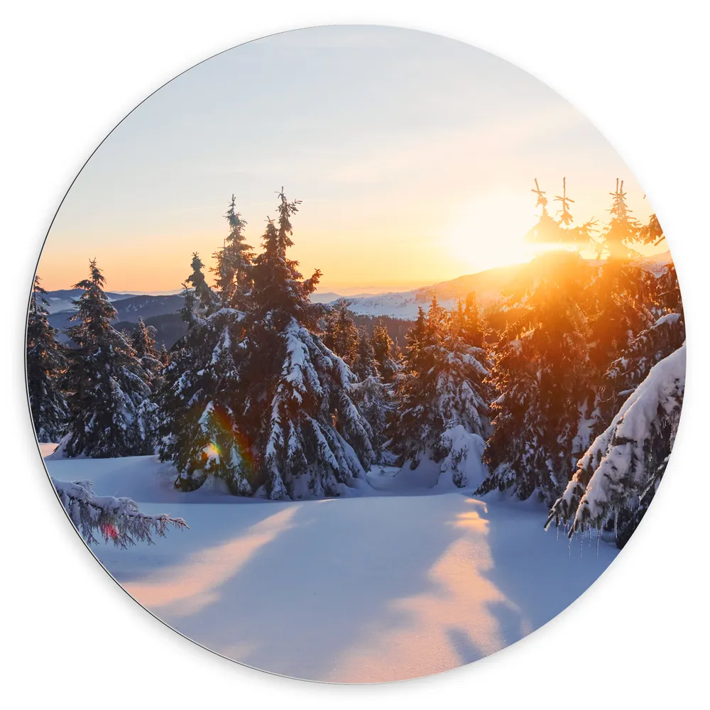 Dibond Muurcirkel - Zonsondergang achter Bomen in Besneeuwd Landschap
