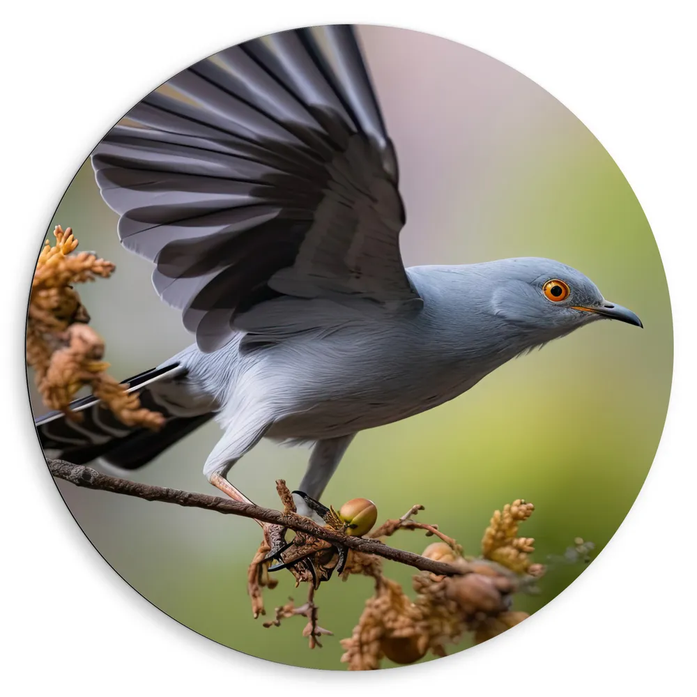Dibond Muurcirkel - Koekoek vogel staat op tak met vleugels uitgeslagen