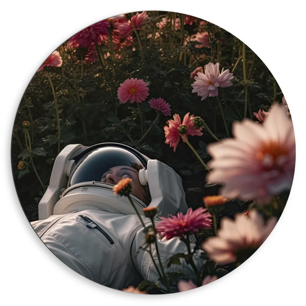 Dibond Muurcirkel - Astronaut tussen de Roze Bloemen in Bloemenveld