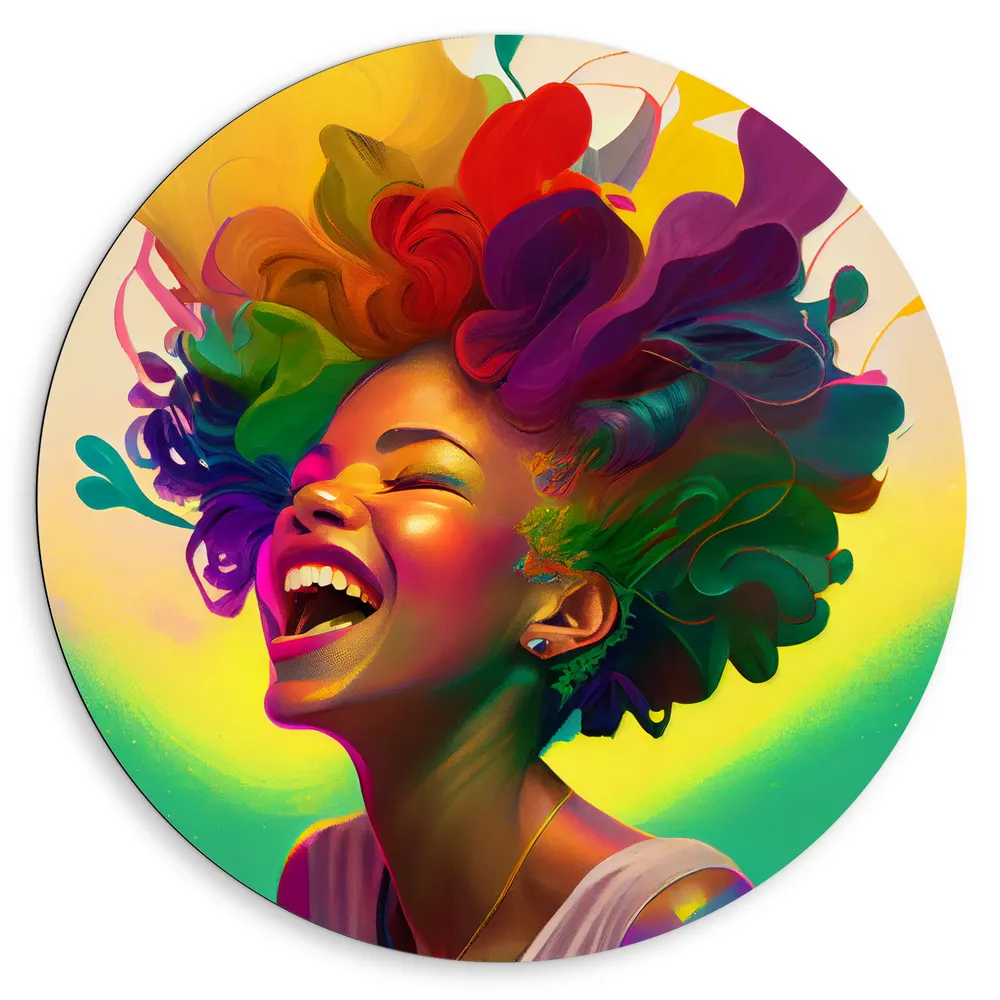 Dibond Muurcirkel - Schilderij - Kunst - Vrouw - Kleuren - Regenboog