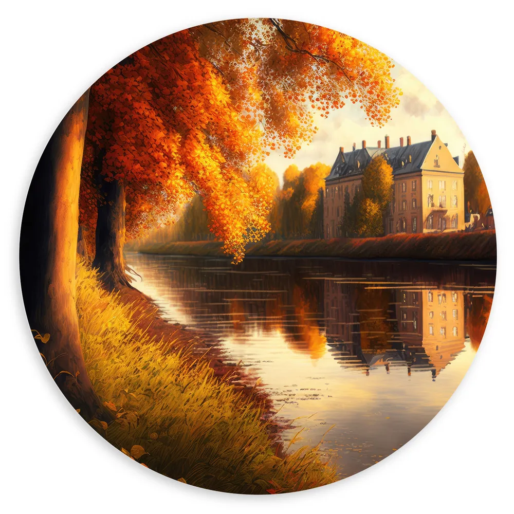 Dibond Muurcirkel - Rivier - Gebouw - Water - Bomen - Herfst