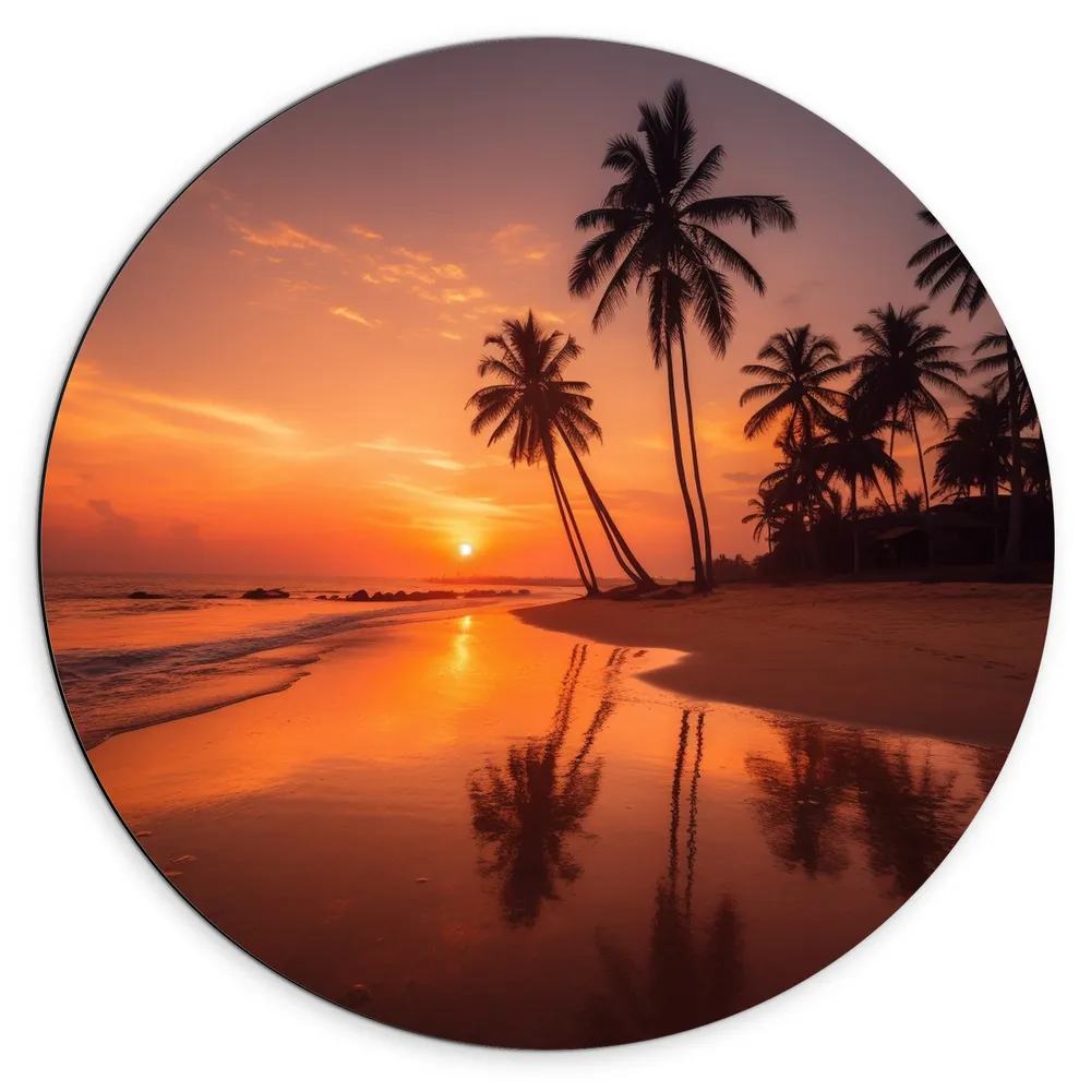 Dibond Muurcirkel - Palmbomen - Bomen - Zee - Strand - Zand - Zon - Zonsondergang
