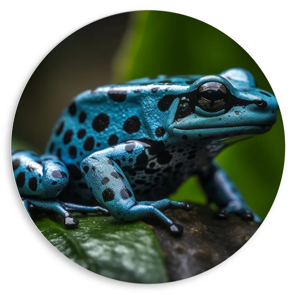 Dibond Muurcirkel - Blauwe zwart gestipte gif kikker zit op blad