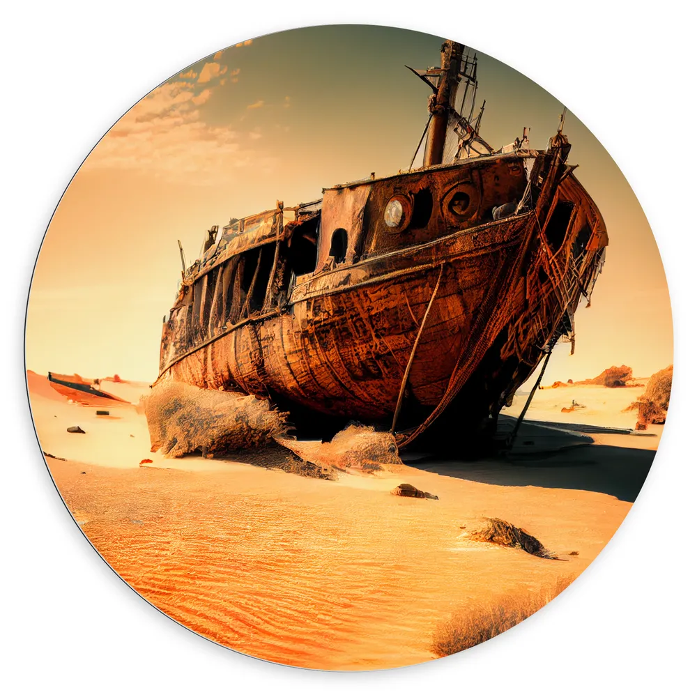 Dibond Muurcirkel - Scheepswrak Gestrand in de Woestijn