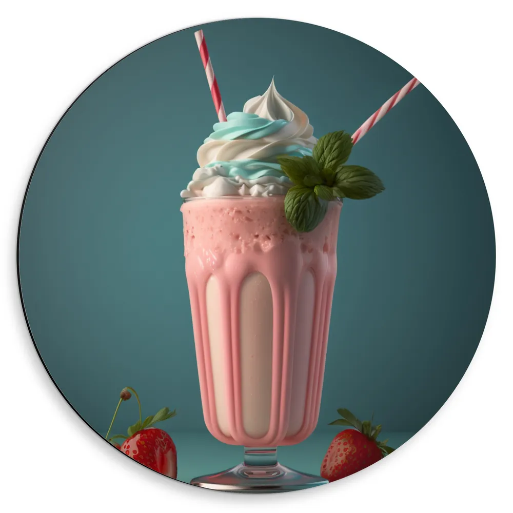 Dibond Muurcirkel - Milkshake - Aardebieren - Rietjes - Blauw