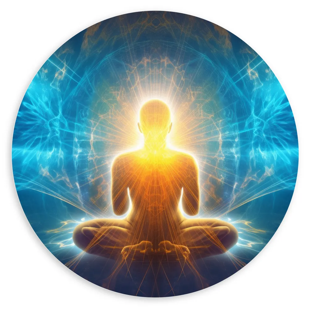 Dibond Muurcirkel - Mediteren - Meditatie - Lotushouding - Blauw - Oranje
