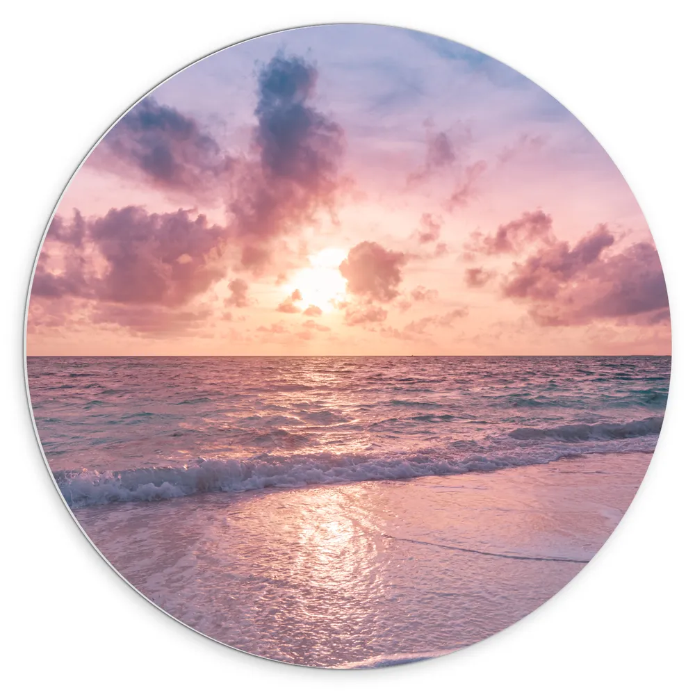 Dibond Muurcirkel - Kalme Golven bij het Strand met Zonsondergang