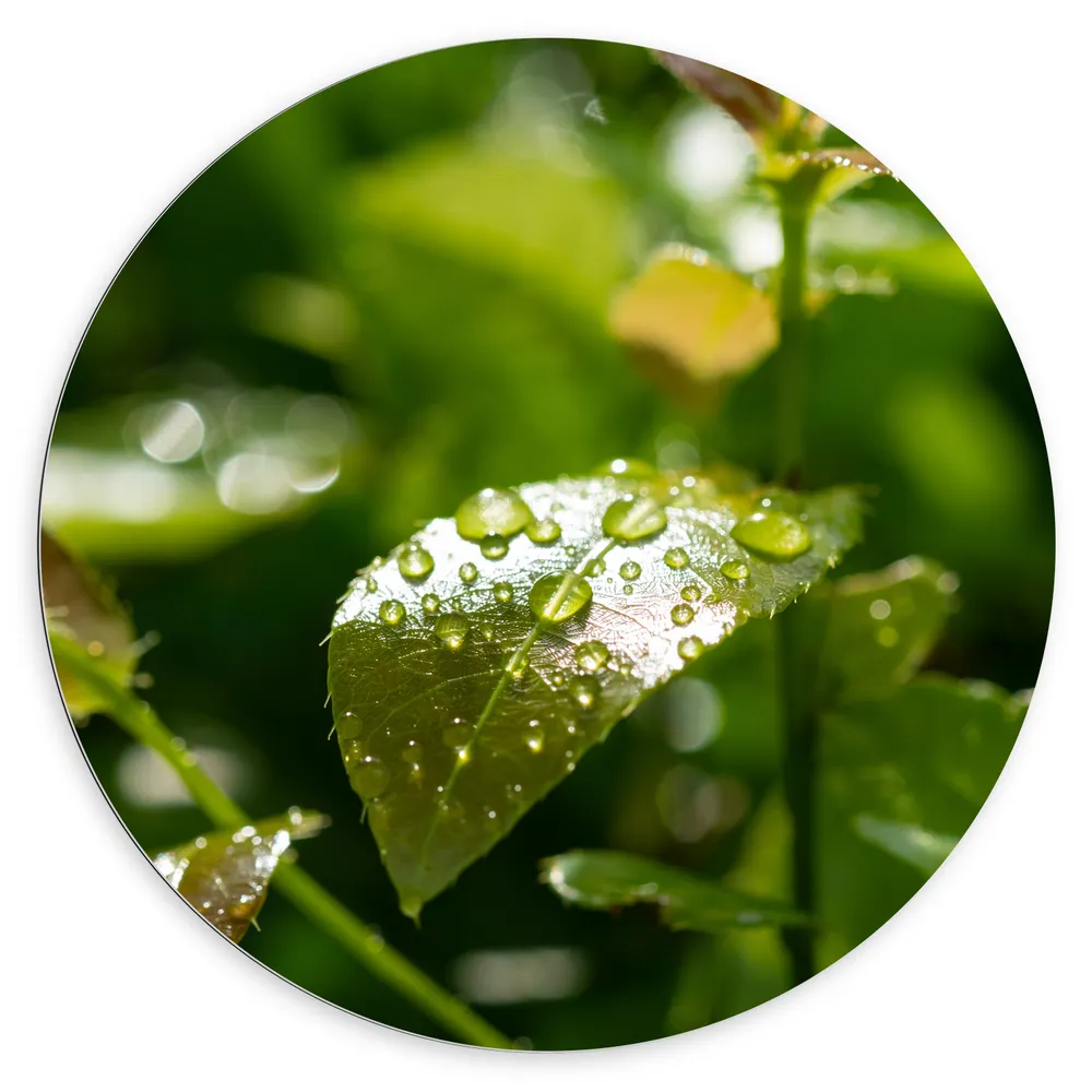 Dibond Muurcirkel - Groen Blad Vol met Regendruppels