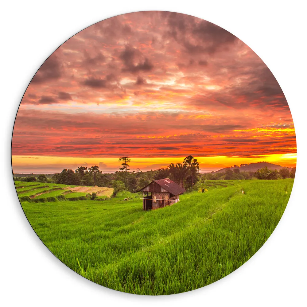 Dibond Muurcirkel - Zonsondergang bij de Thaise Rijstvelden