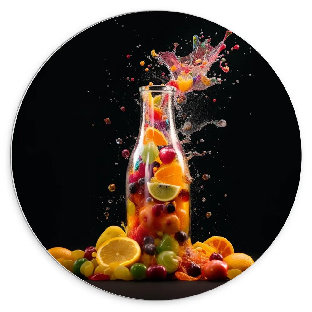 Dibond Muurcirkel - Fles - Eten - Fruit - Spetters - Kleuren