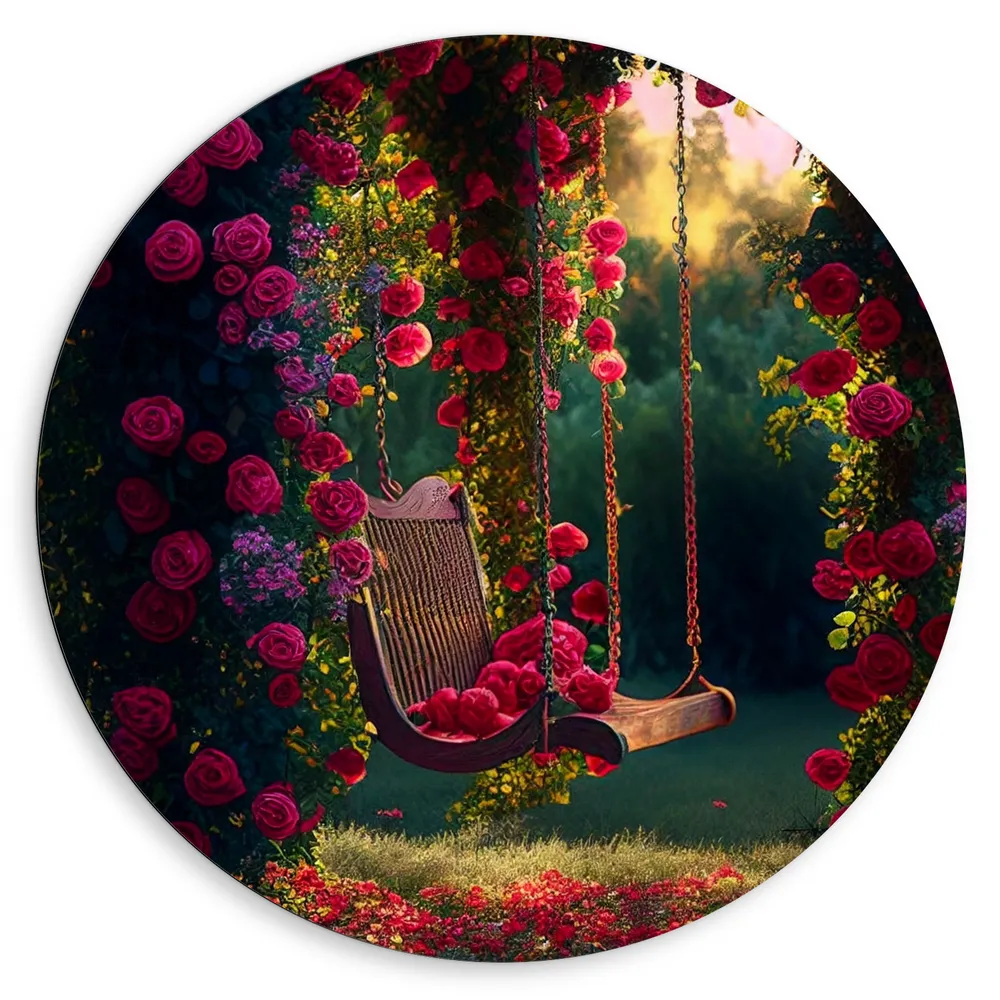Dibond Muurcirkel - Romantische Schommel aan Roze Bloemenboog