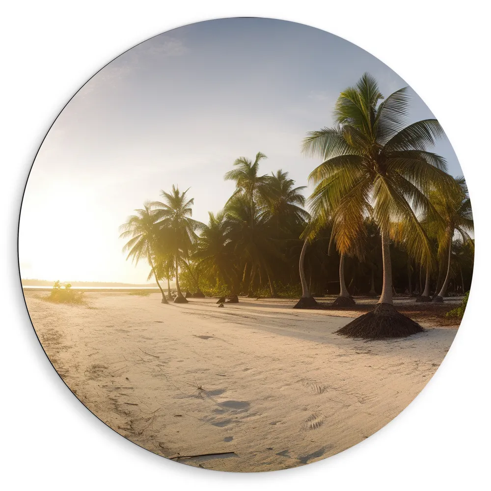 Dibond Muurcirkel - Felle Zonnestralen over het Strand en Palmbomen