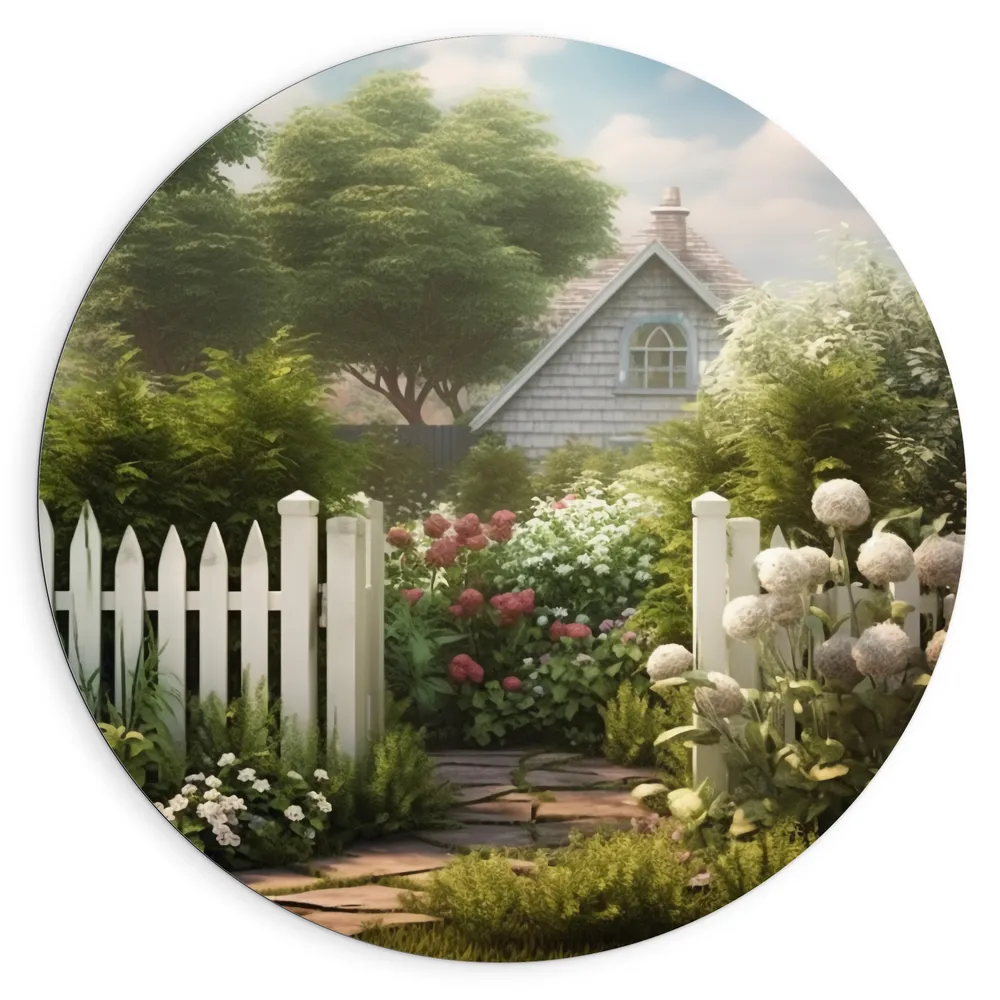 Dibond Muurcirkel - Huis - Achtertuin - Bloemen - Planten - Bomen