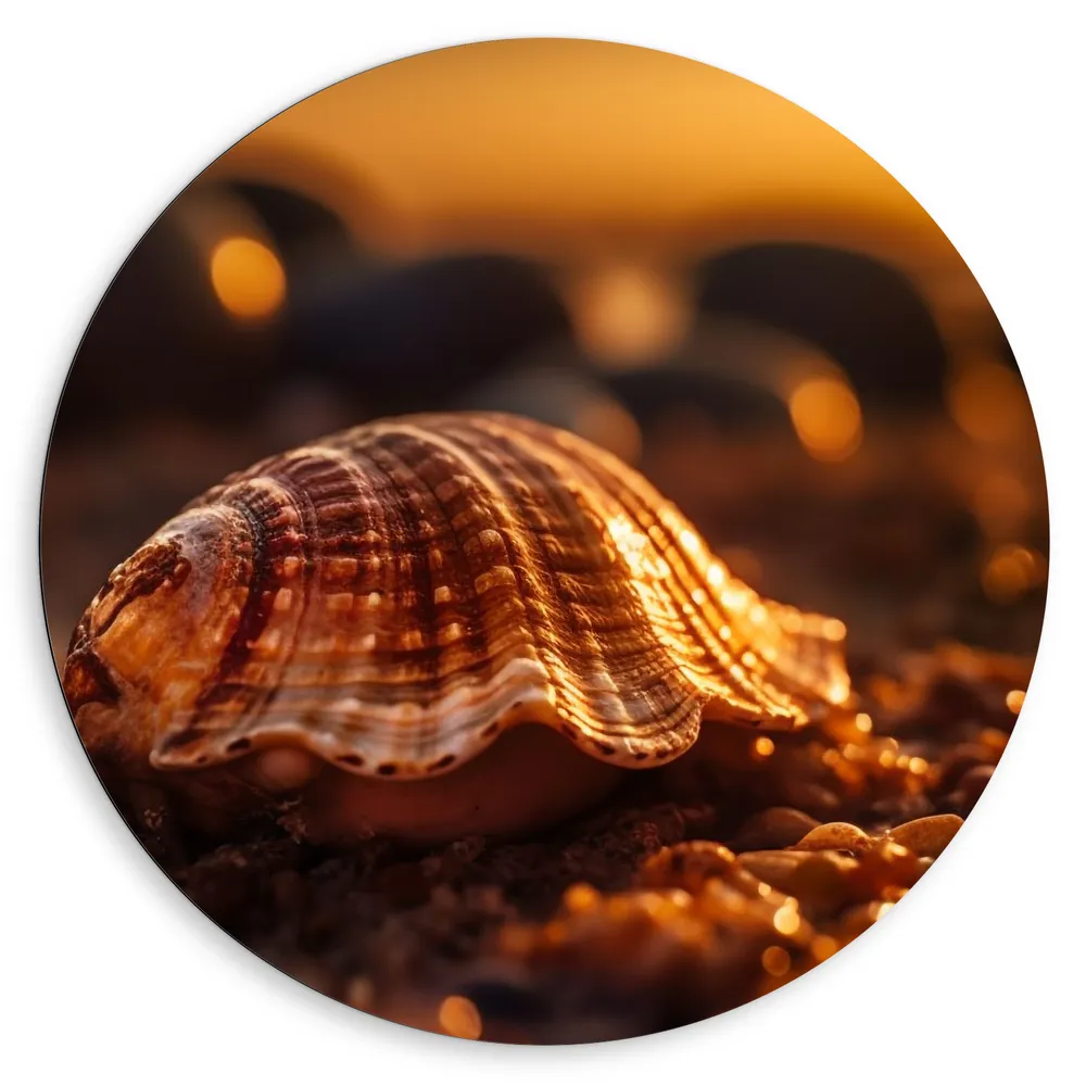 Dibond Muurcirkel - Schelp - Strand - Steentjes - Zon