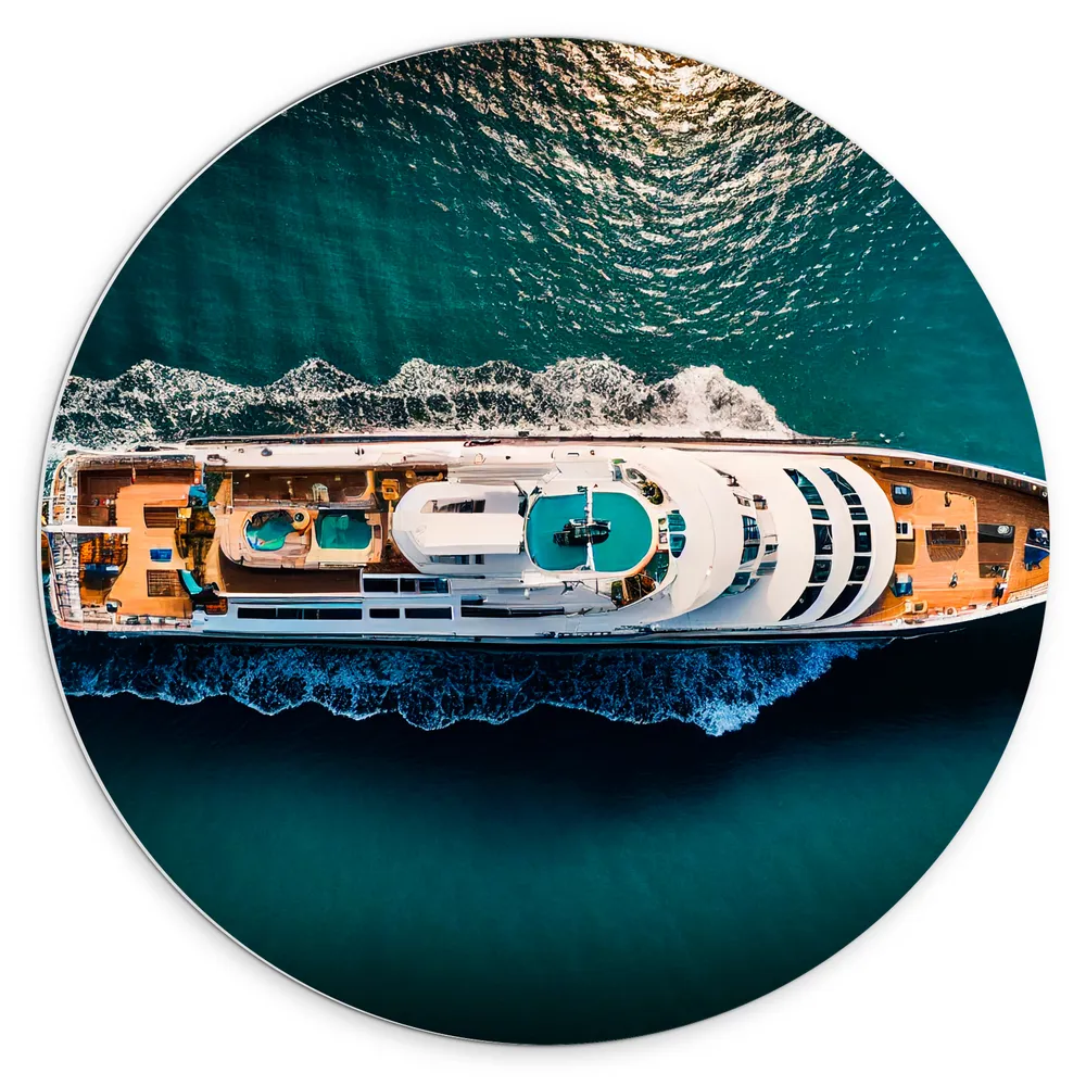 Dibond Muurcirkel - Bovenaanzicht van Varend Cruiseschip