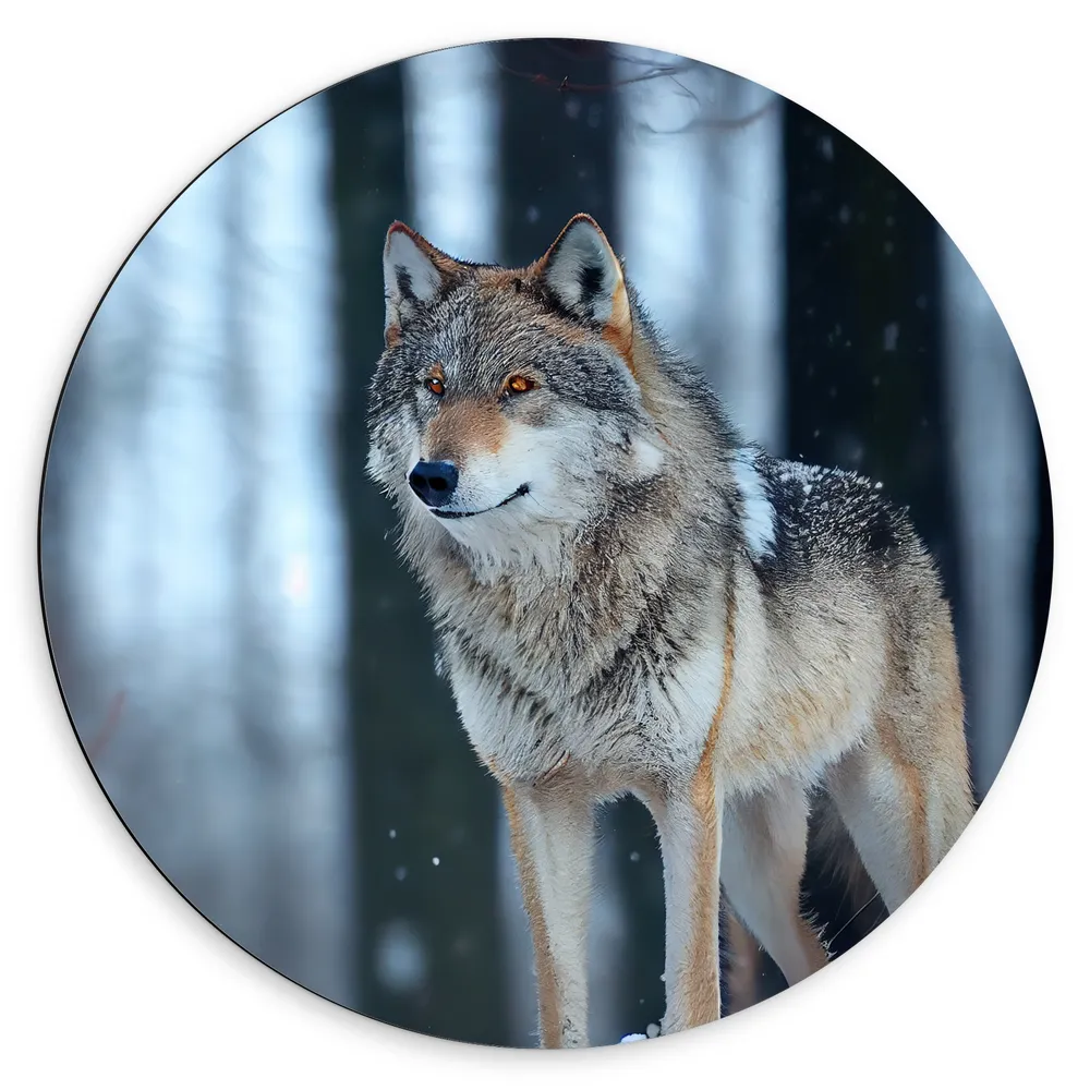 Dibond Muurcirkel - Wolf staat in een bos in de winter