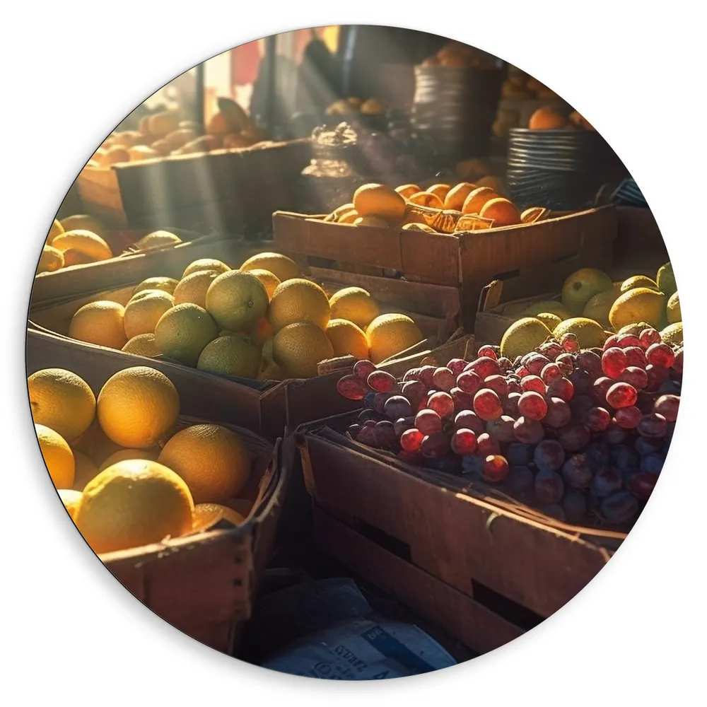 Dibond Muurcirkel - Markt - Groente - Fruit - Kratten