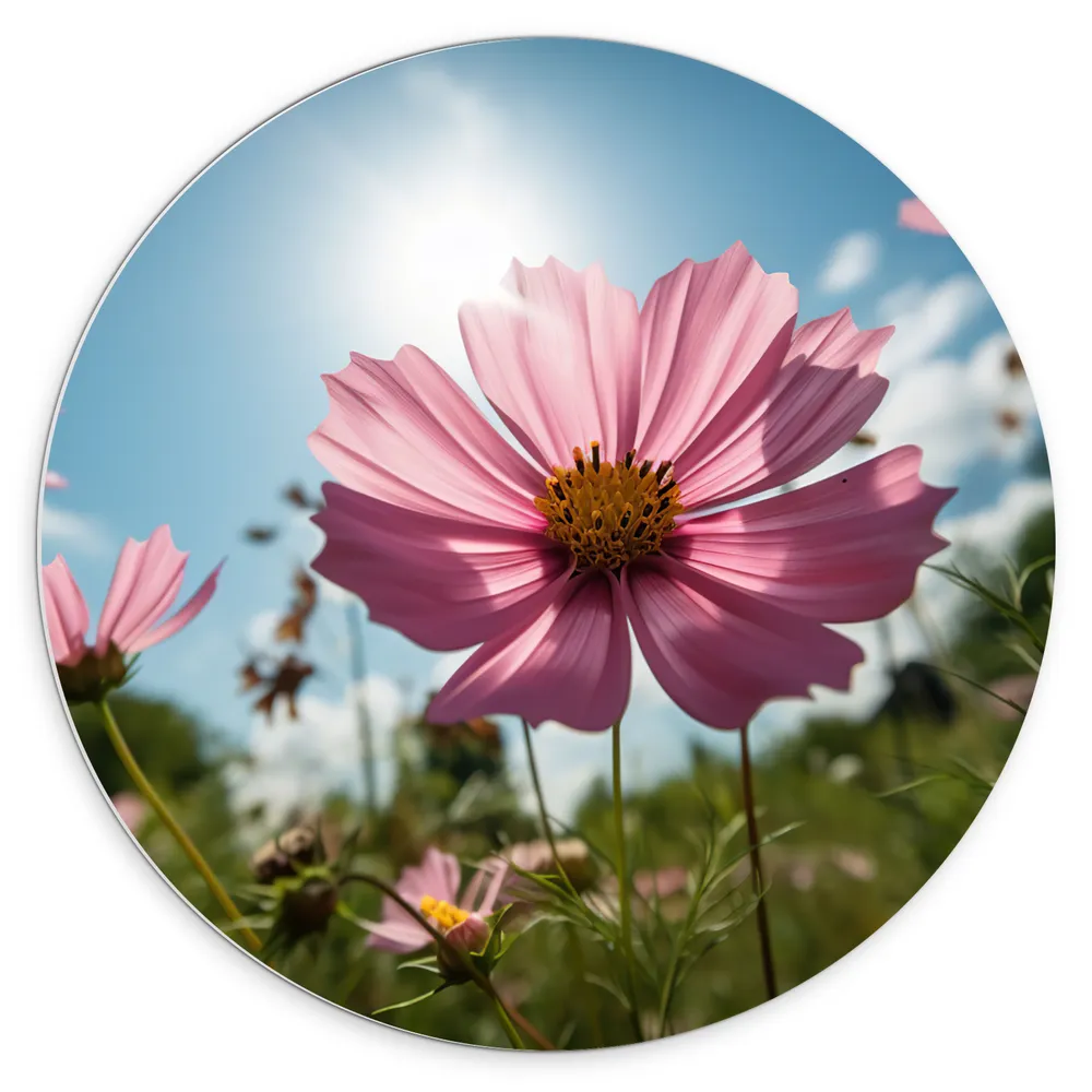 Dibond Muurcirkel - Roze Cosmea Bloemen in een Grasveld bij Heldere Lucht