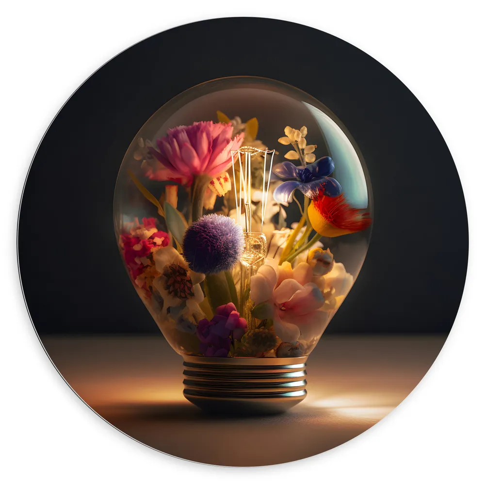 Dibond Muurcirkel - Bloemboeket Groeiend in Lichtgevende Lamp