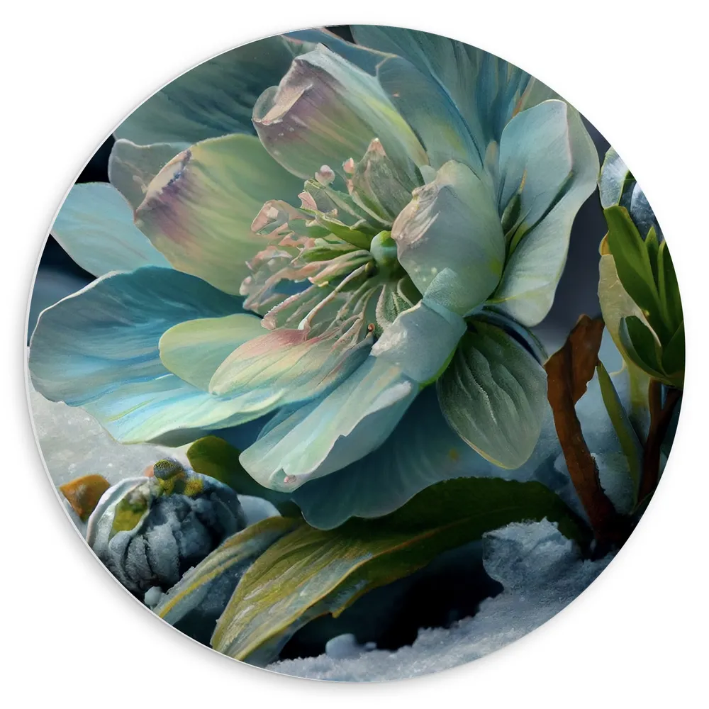 Dibond Muurcirkel - Grote Blauw, Groen en Roze Bloem Liggend in de Sneeuw