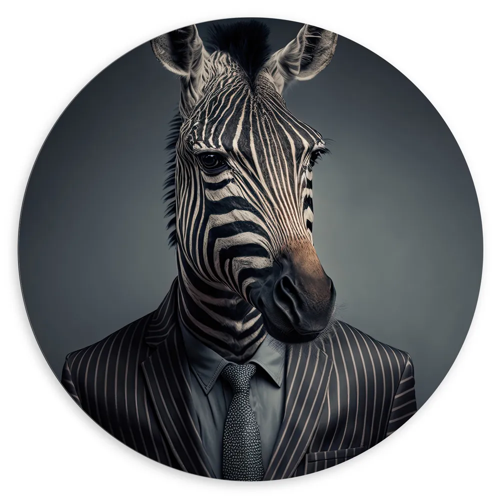 Dibond Muurcirkel - Gestreepte Zebra in Gestreeot Zakelijk Pak met Stropdas