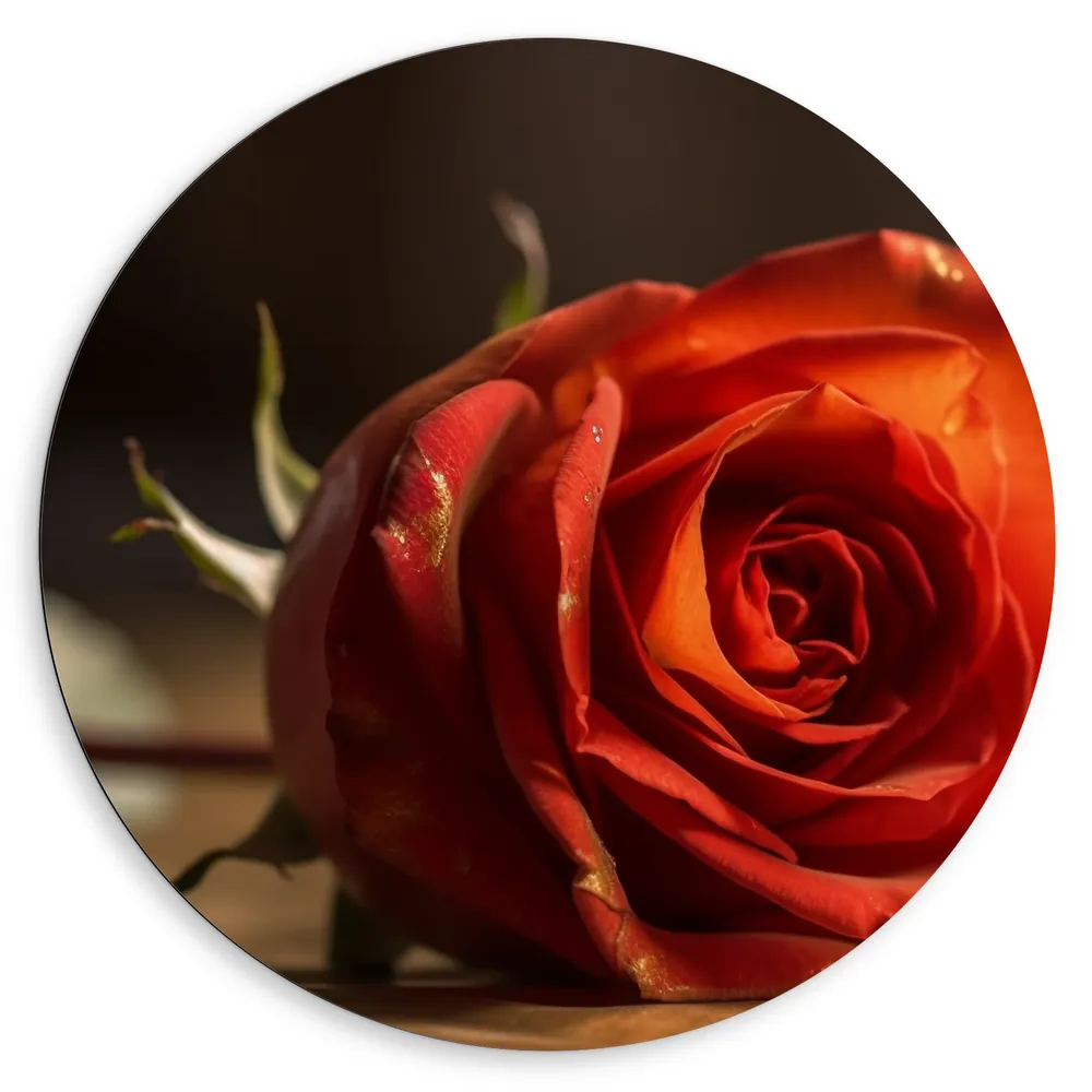 Dibond Muurcirkel - Mooi Rode Roos Liggend op Tafel met Donkere Achtergrond - Bloemen