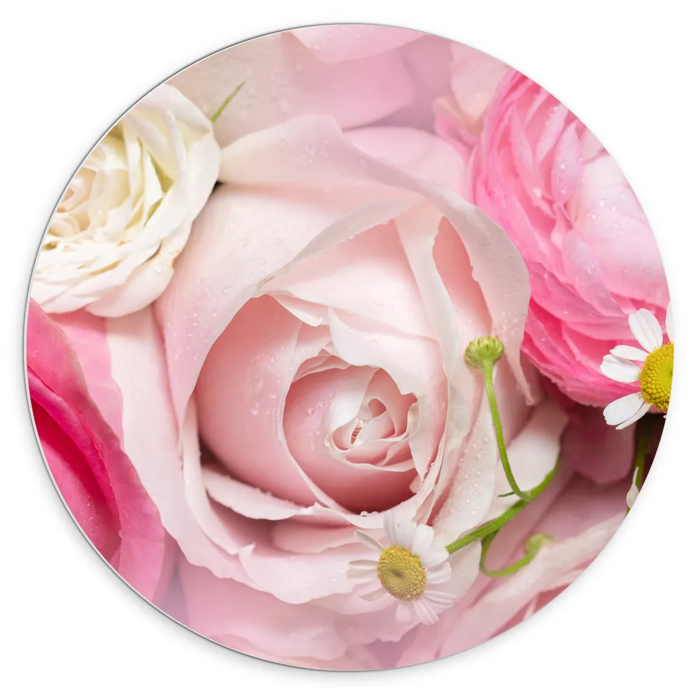 Dibond Muurcirkel - Groepje Verschillende Soorten en Kleuren Bloemen op een Hoop