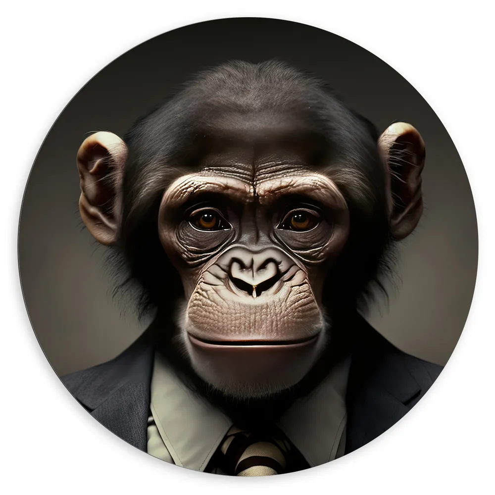Dibond Muurcirkel - Portretfoto van Chimpansee Aap in Zakelijk Pak met Gestreepte Stropdas