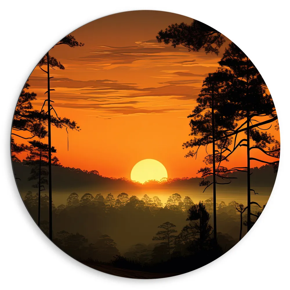 Dibond Muurcirkel - Zakkende Zon bij Silhouetten van Hoge Bomen