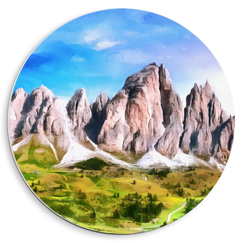 Dibond Muurcirkel - Schilderij van Groen Landschap onderaan Bergen