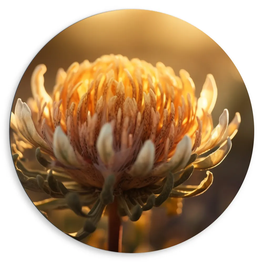 Dibond Muurcirkel - Oranje Leucospermum Cordifolium Bloem Bij Zonsondergang Licht